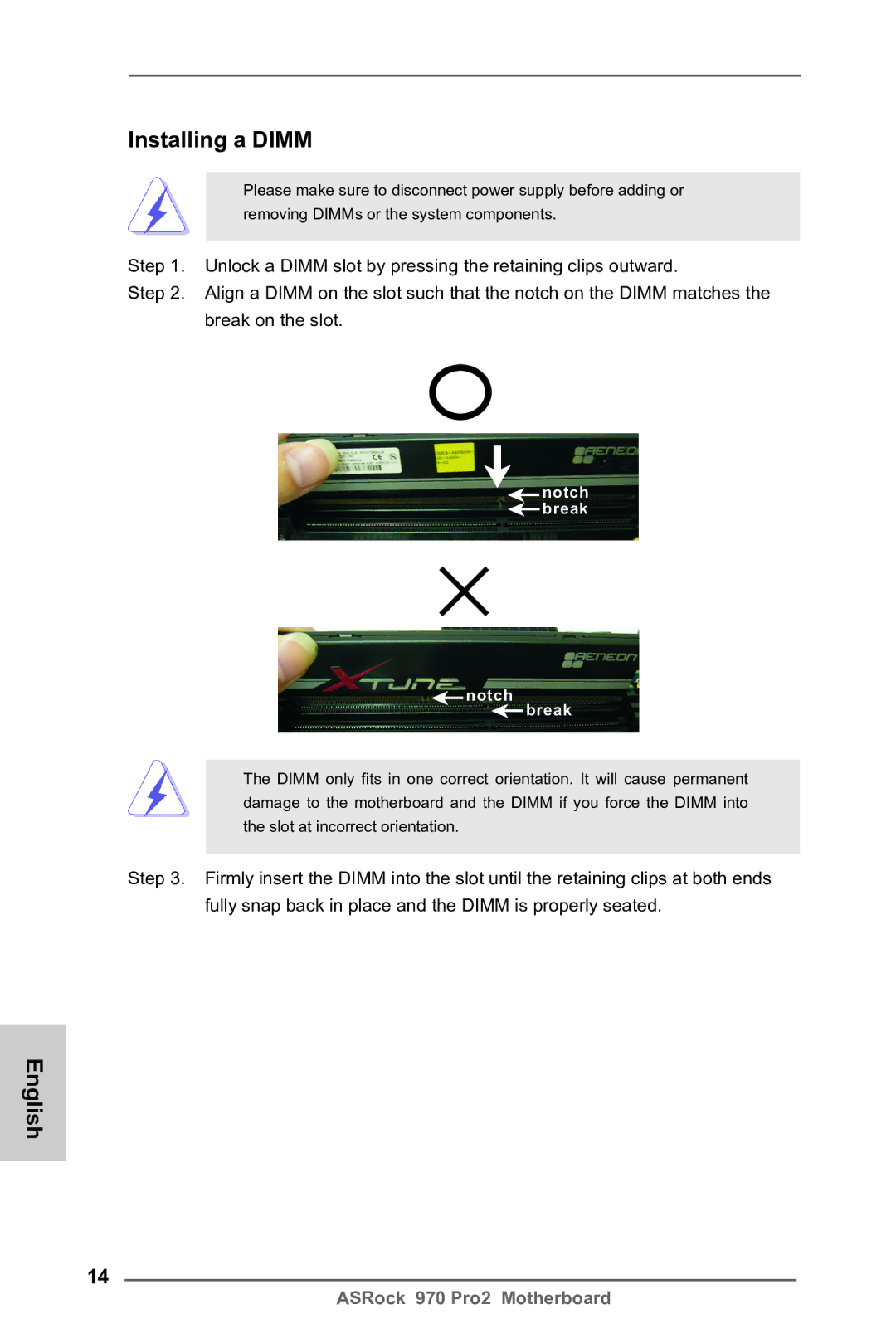 ASRock 970 Pro2 manual Installing a Dimm, Notch break Break 