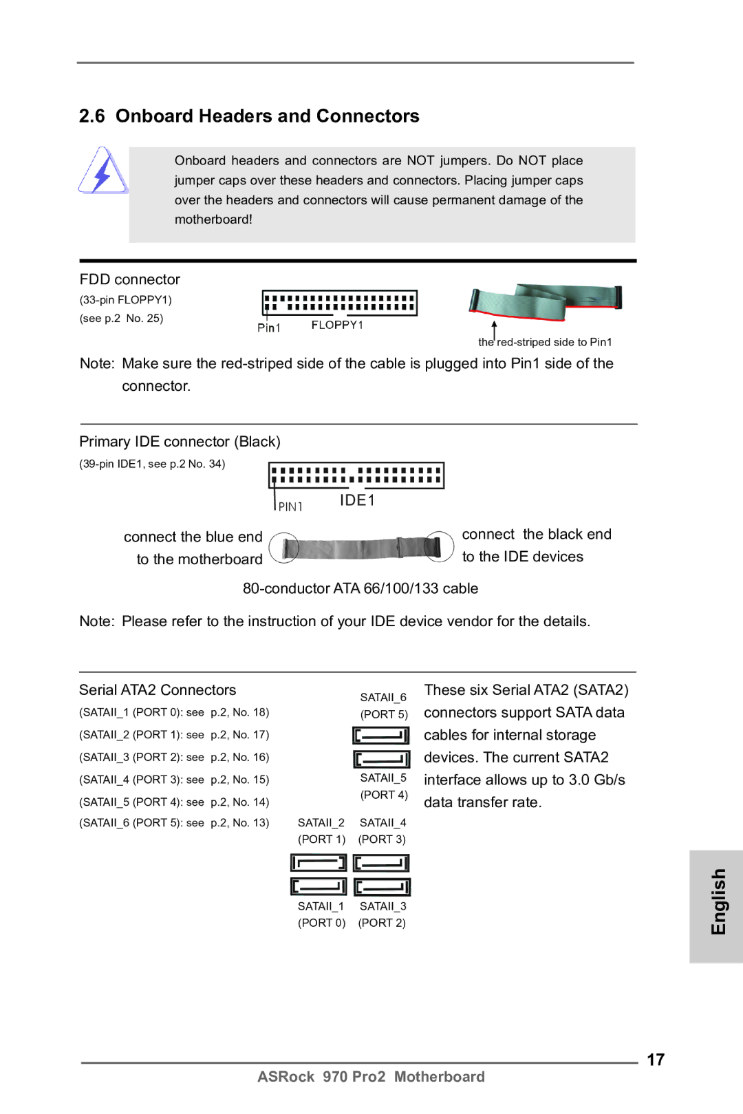 ASRock 970 Pro2 manual Onboard Headers and Connectors, FDD connector, Primary IDE connector Black, Connect the black end 