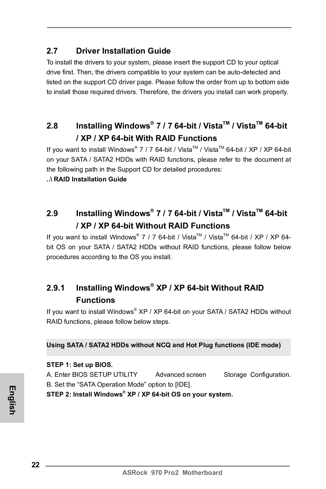 ASRock 970 Pro2 manual English Driver Installation Guide, Installing Windows XP / XP 64-bit Without RAID Functions 