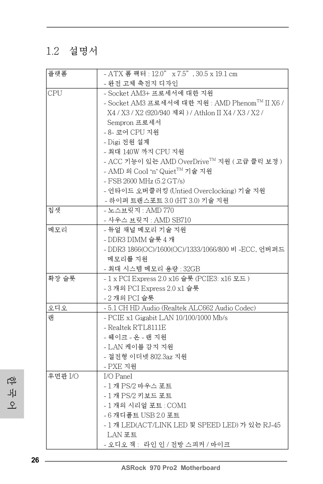 ASRock 970 Pro2 플랫폼 ATX 폼 팩터 12.0 x 7.5, 30.5 x 19.1 cm 완전 고체 축전지 디자인, Socket AM3+ 프로세서에 대한 지원, Sempron 프로세서, 코어 Cpu 지원 