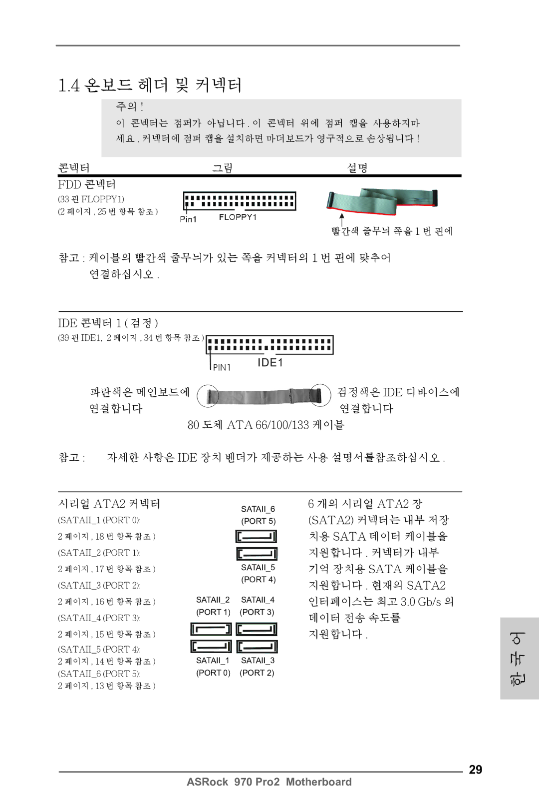 ASRock 970 Pro2 콘넥터 Fdd 콘넥터, 참고 케이블의 빨간색 줄무늬가 있는 쪽을 커넥터의 1 번 핀에 맞추어 연결하십시오 IDE 콘넥터 1 검정, 개의 시리얼 ATA2 장, SATA2 커넥터는 내부 저장 