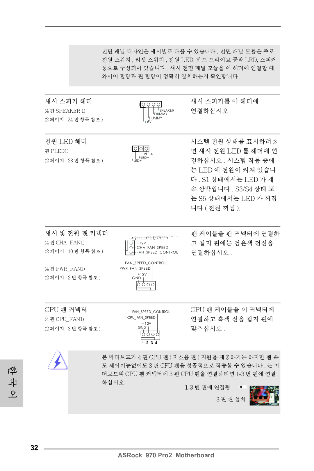 ASRock 970 Pro2 새시 스피커 헤더, 전원 Led 헤더, 케이블을 팬 커넥터에 연결하 고 접지 핀에는 검은색 전선을 연결하십시오 Cpu 팬 커넥터, Cpu 팬 케이블을 이 커넥터에, 맞추십시오 