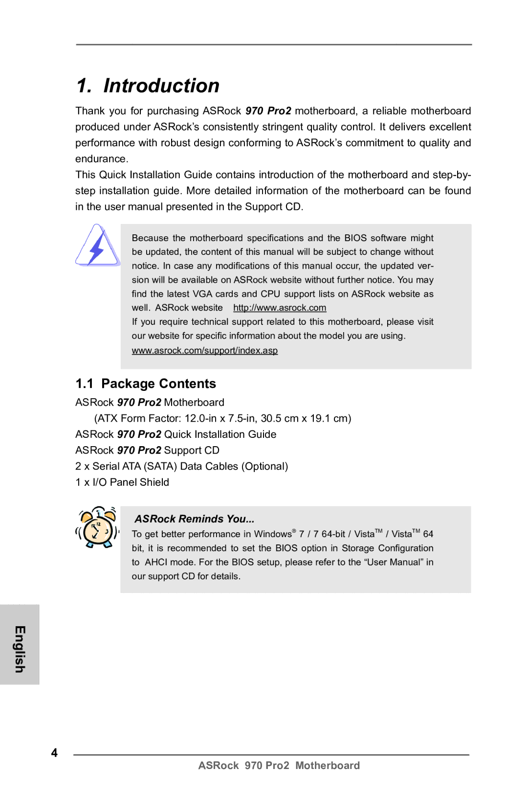 ASRock 970 Pro2 manual Introduction, Package Contents 