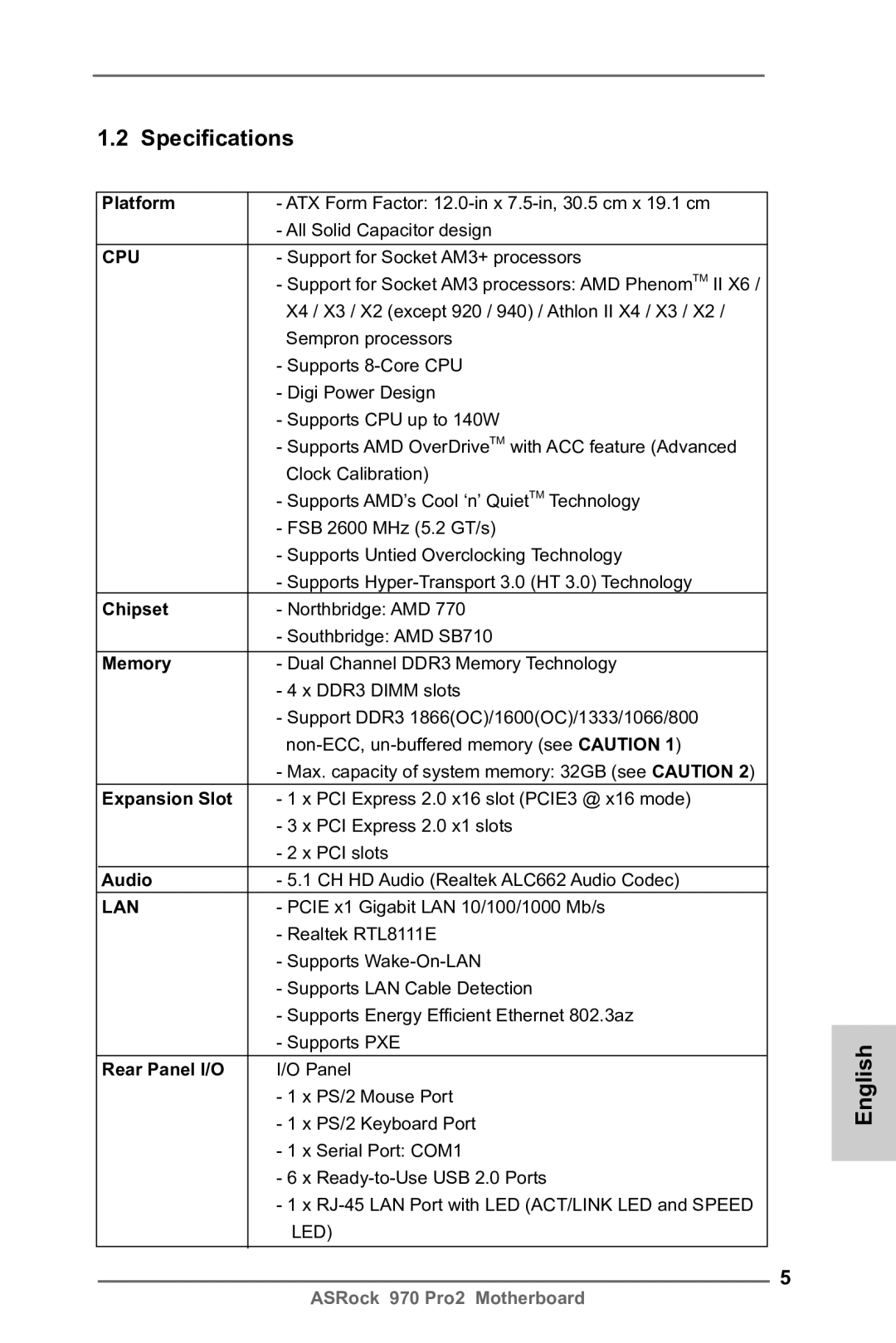 ASRock 970 Pro2 manual Specifications 