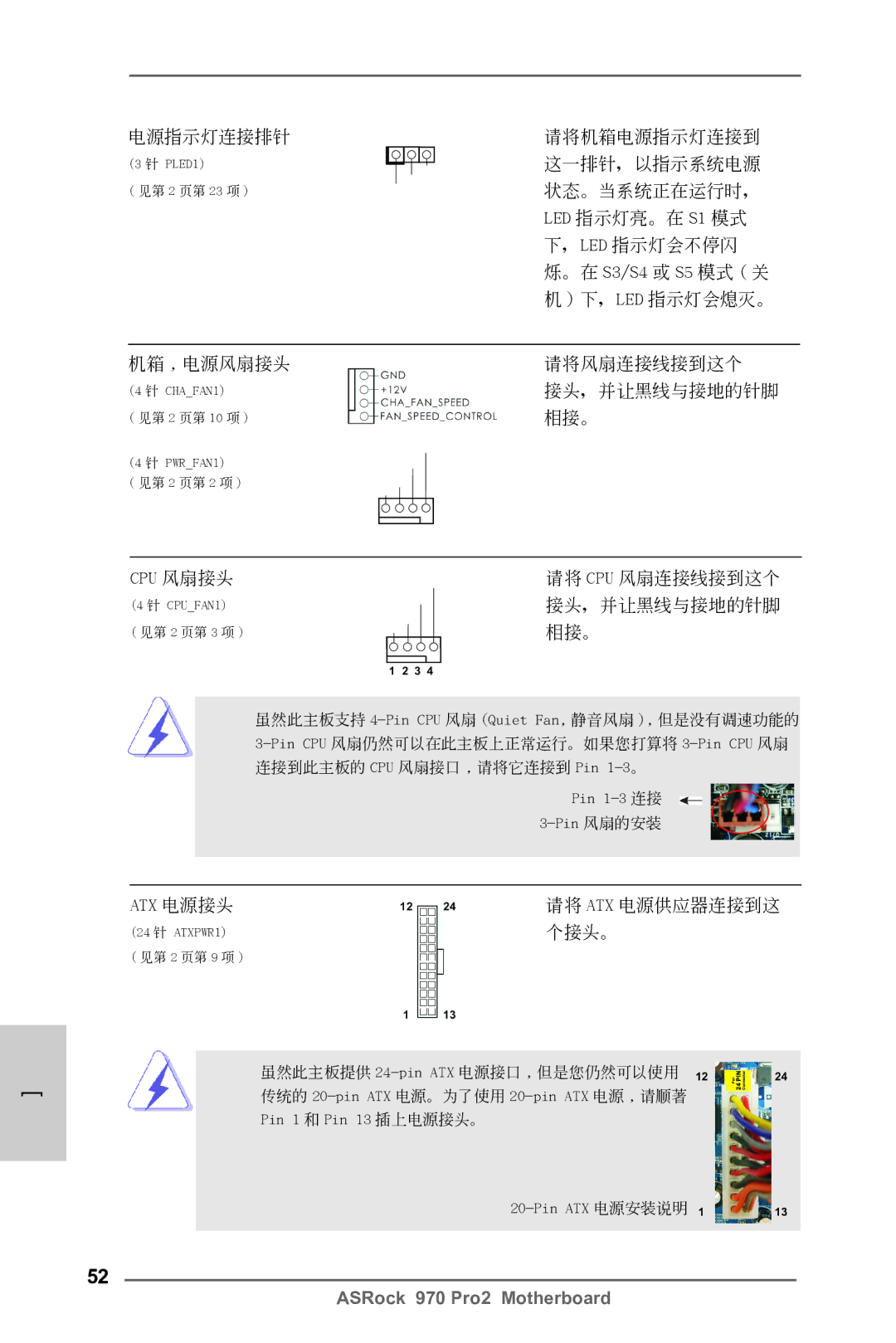 ASRock 970 Pro2 manual 機箱 , 電源風扇接頭 請將風扇連接線接到這個, 接頭，並讓黑線與接地的針腳, 相接。, 請將 Cpu 風扇連接線接到這個, 個接頭。 