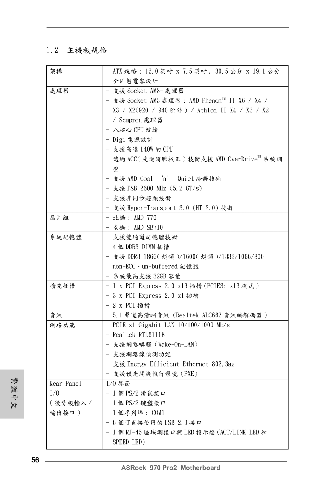 ASRock 970 Pro2 12.0 英吋 x 7.5 英吋 , 30.5 公分 x 19.1 公分, 支援 Socket AM3+ 處理器, X3 / X2920 / 940 除外 / Athlon II X4 / X3, Dimm 插槽 