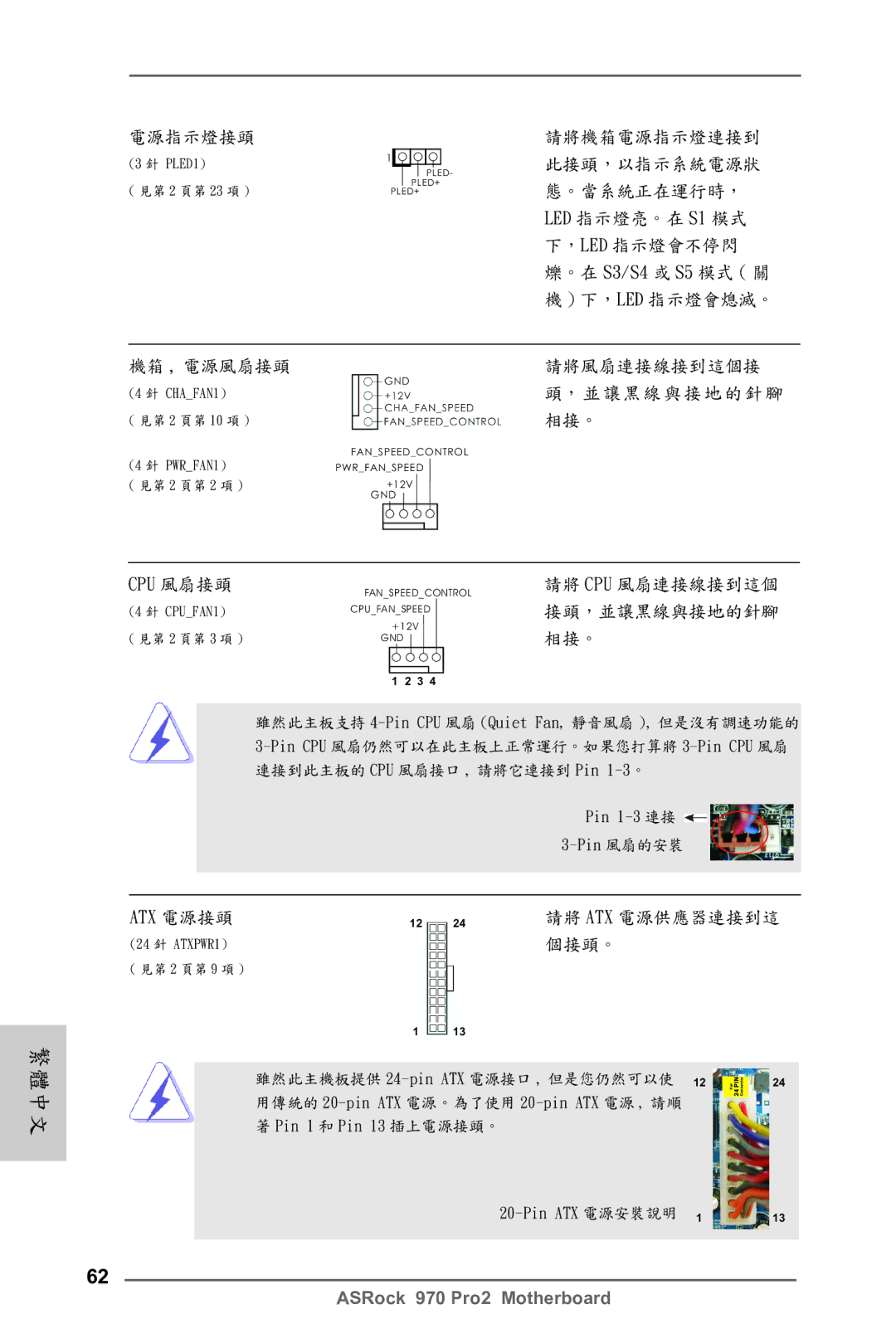 ASRock 970 Pro2 manual 機箱 , 電源風扇接頭 請將風扇連接線接到這個接, Atx 電源接頭 