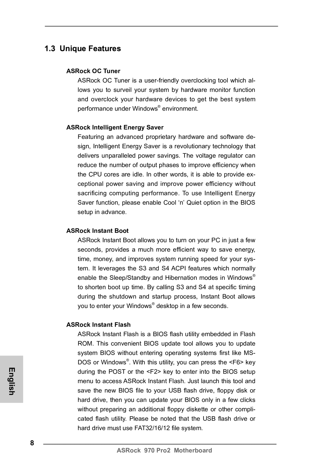 ASRock 970 Pro2 manual English Unique Features, ASRock OC Tuner, ASRock Intelligent Energy Saver, ASRock Instant Boot 