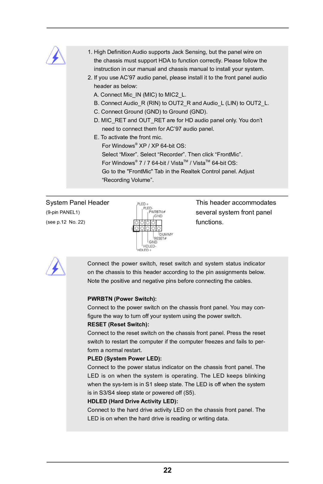 ASRock 970 Pro2 manual System Panel Header 