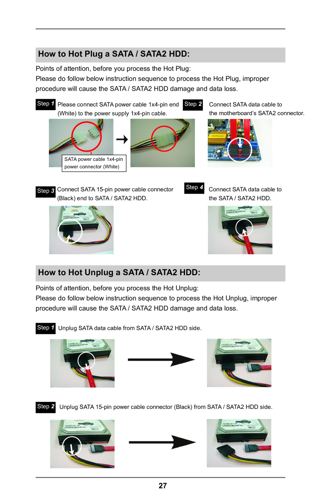 ASRock 970 Pro2 manual How to Hot Plug a Sata / SATA2 HDD, How to Hot Unplug a Sata / SATA2 HDD 