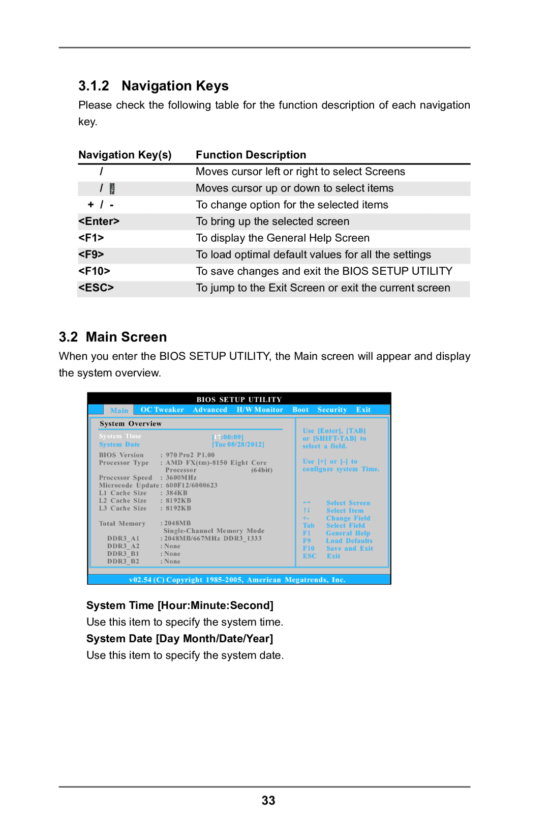 ASRock 970 Pro2 manual Navigation Keys, Main Screen, To jump to the Exit Screen or exit the current screen 