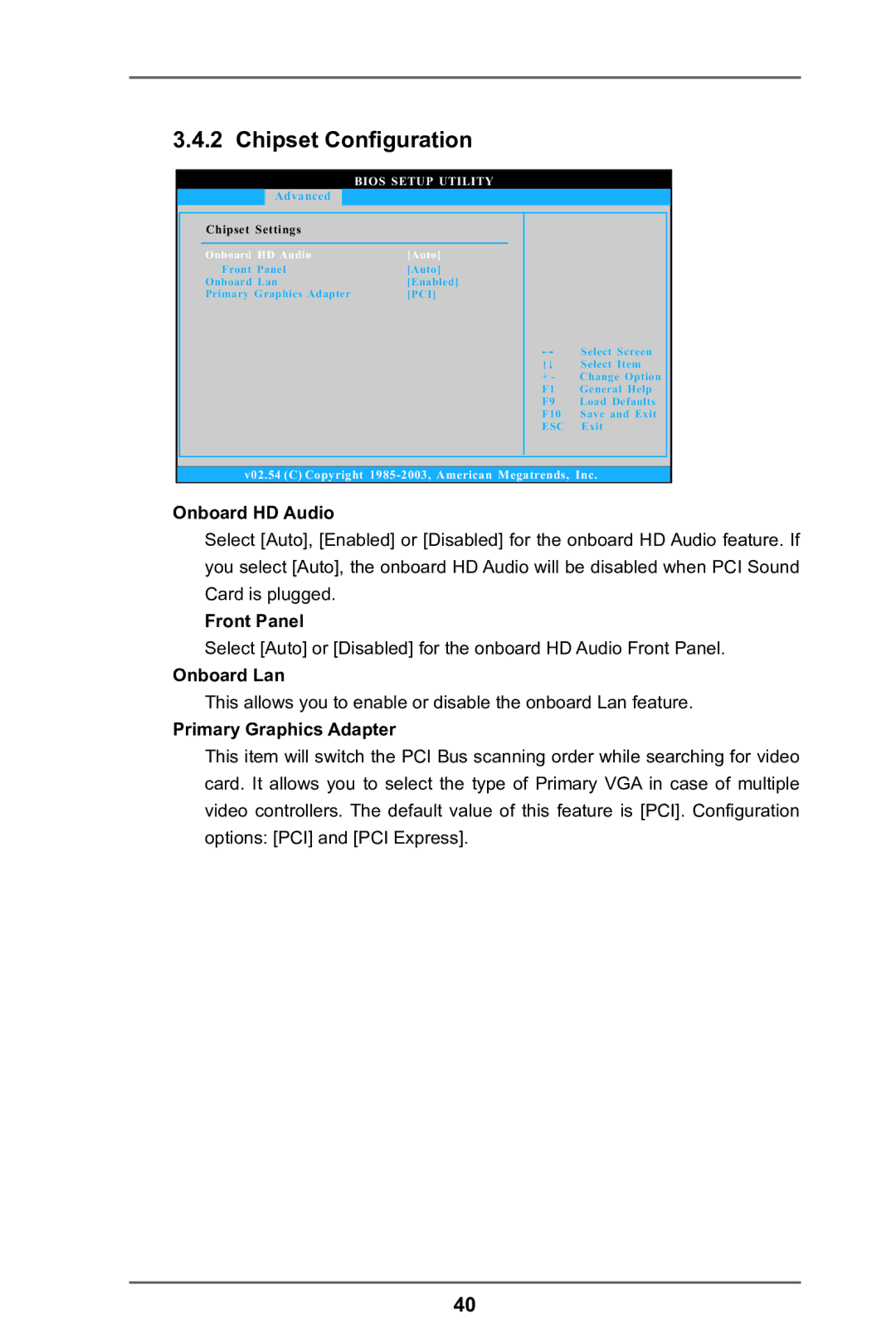 ASRock 970 Pro2 manual Chipset Configuration, Onboard HD Audio, Front Panel, Onboard Lan, Primary Graphics Adapter 