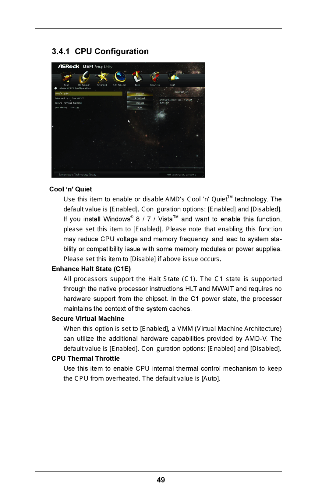 ASRock 970 Pro3 R2.0 manual CPU Configuration, Cool ‘n’ Quiet, Enhance Halt State C1E, Secure Virtual Machine 