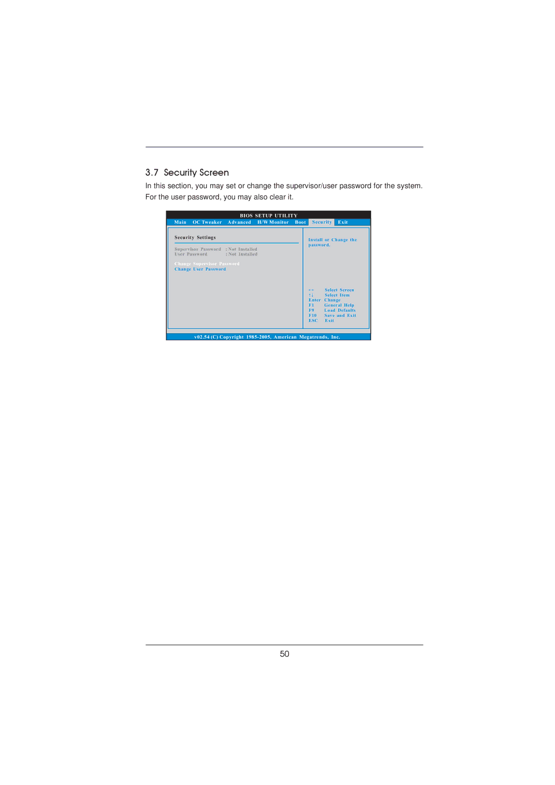 ASRock 970DE3/U3S3 manual Security Screen, Change Supervisor Password 