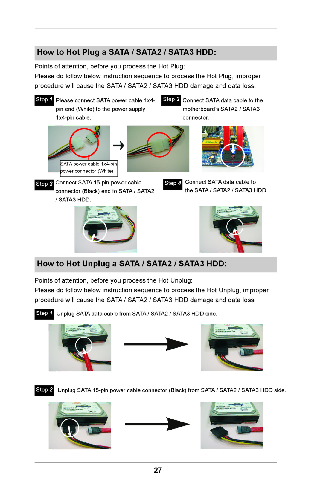 ASRock 980DE3/U3S3 manual How to Hot Plug a Sata / SATA2 / SATA3 HDD, How to Hot Unplug a Sata / SATA2 / SATA3 HDD 