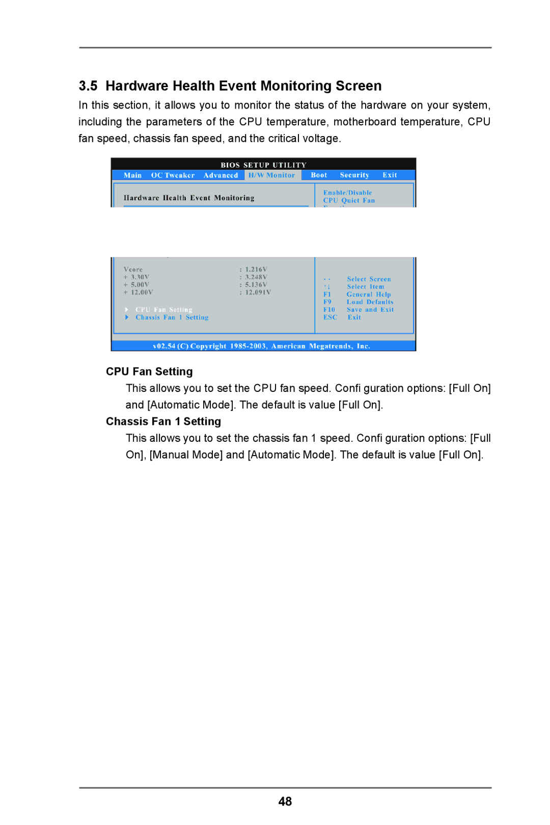 ASRock 980DE3/U3S3 manual Hardware Health Event Monitoring Screen, CPU Fan Setting, Chassis Fan 1 Setting 