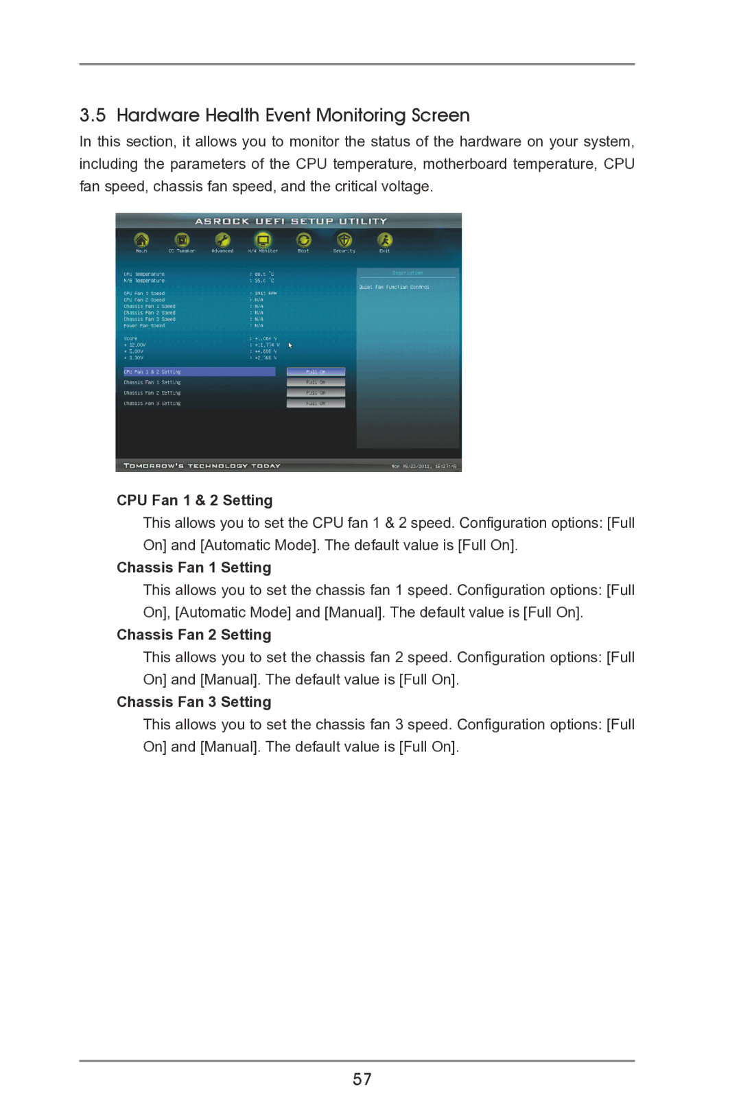 ASRock 990FX Extreme3 manual Hardware Health Event Monitoring Screen, CPU Fan 1 & 2 Setting, Chassis Fan 1 Setting 