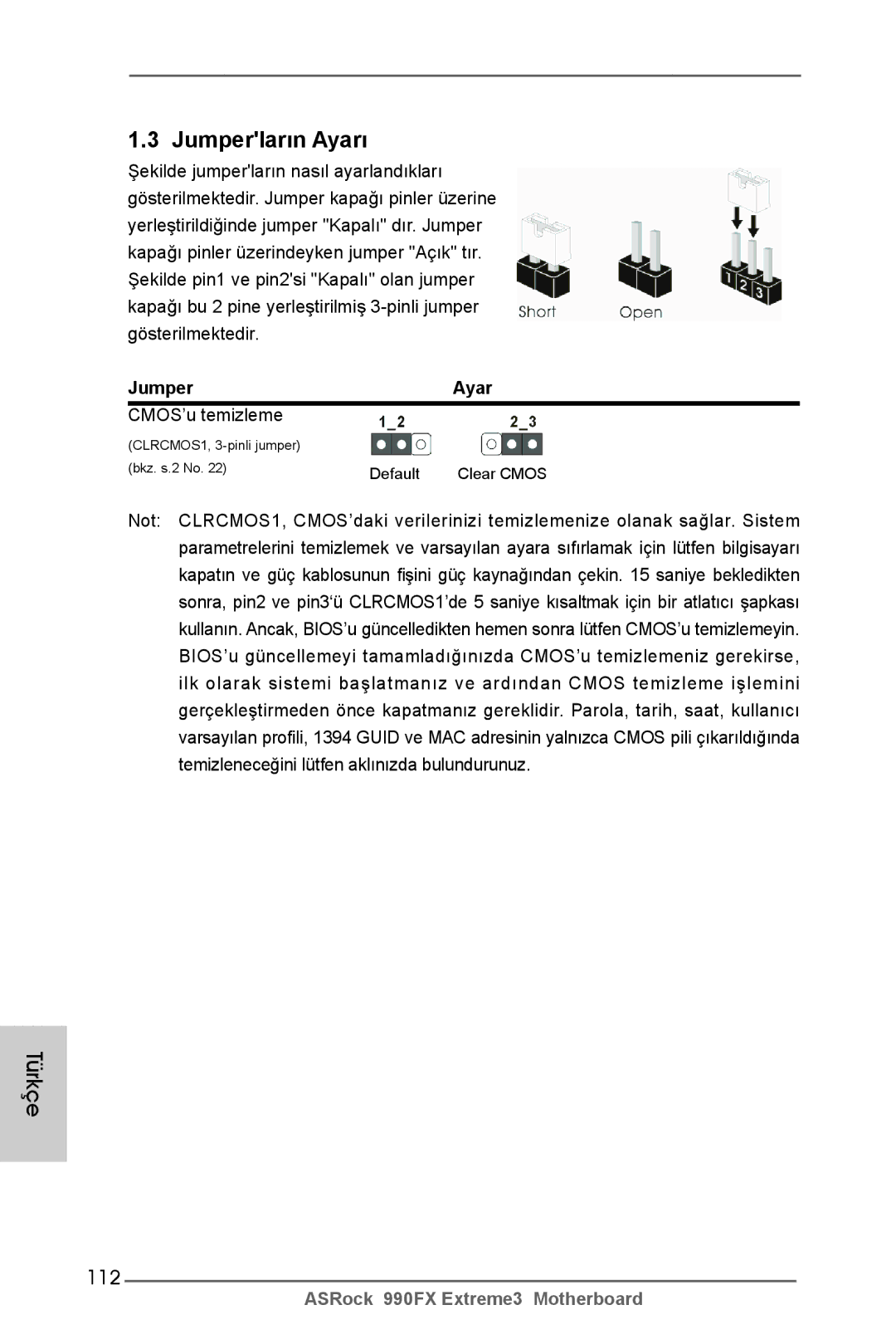 ASRock 990FX Extreme3 manual 112, Jumper Ayar, CMOS’u temizleme 