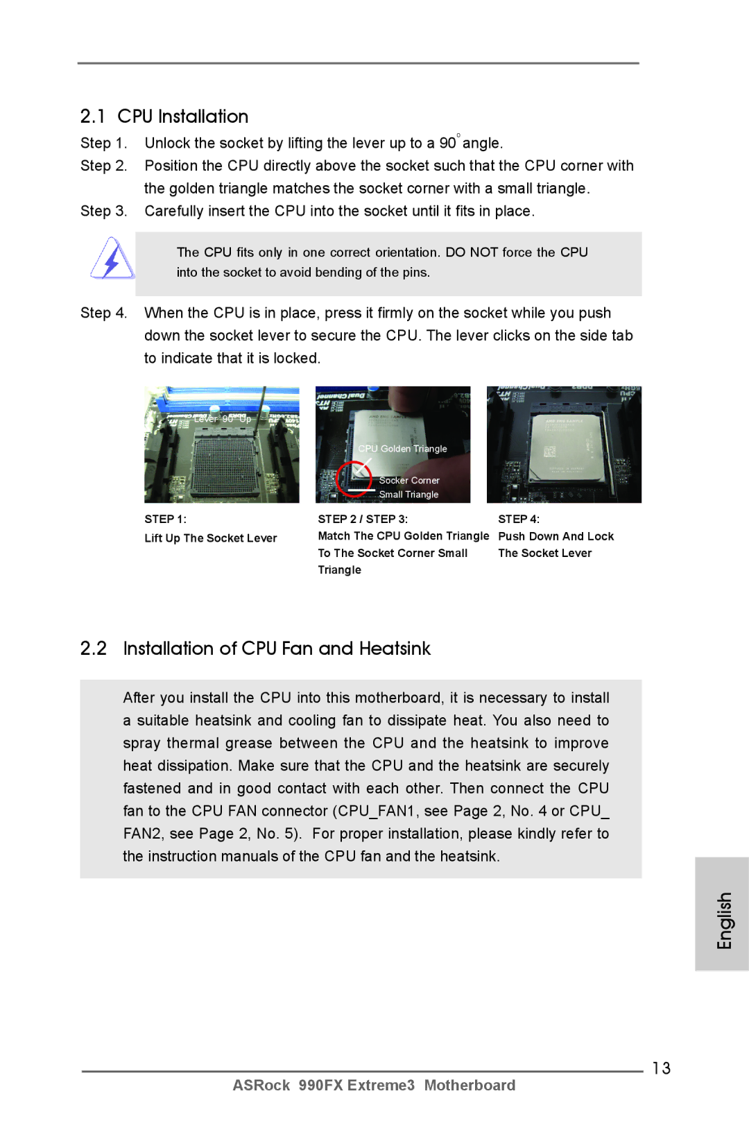 ASRock 990FX Extreme3 manual CPU Installation, Installation of CPU Fan and Heatsink English 