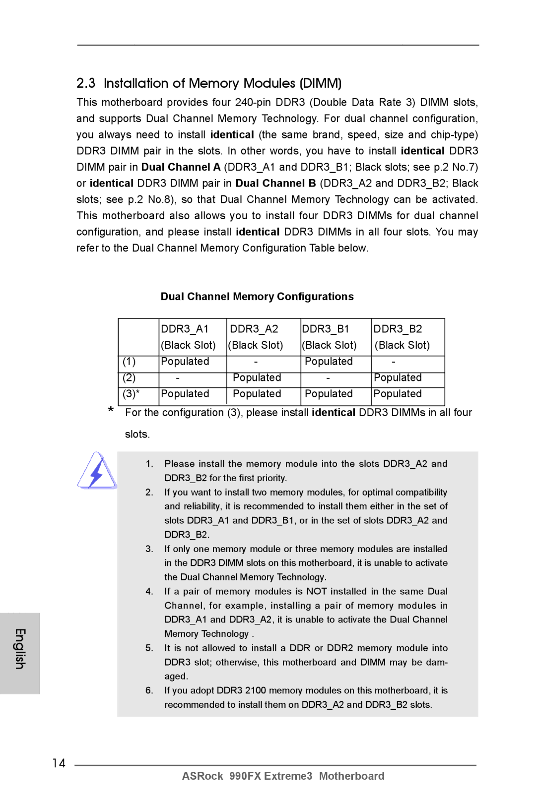 ASRock 990FX Extreme3 manual English Installation of Memory Modules Dimm, Dual Channel Memory Configurations, Black Slot 