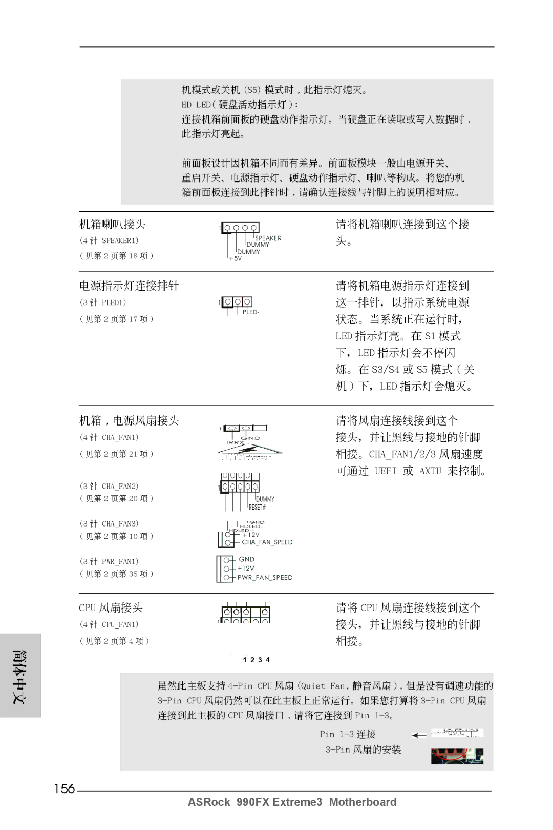 ASRock 990FX Extreme3 manual 156, 。在 S3/S4 或 S5 模式 關, Cpu 風扇接頭 