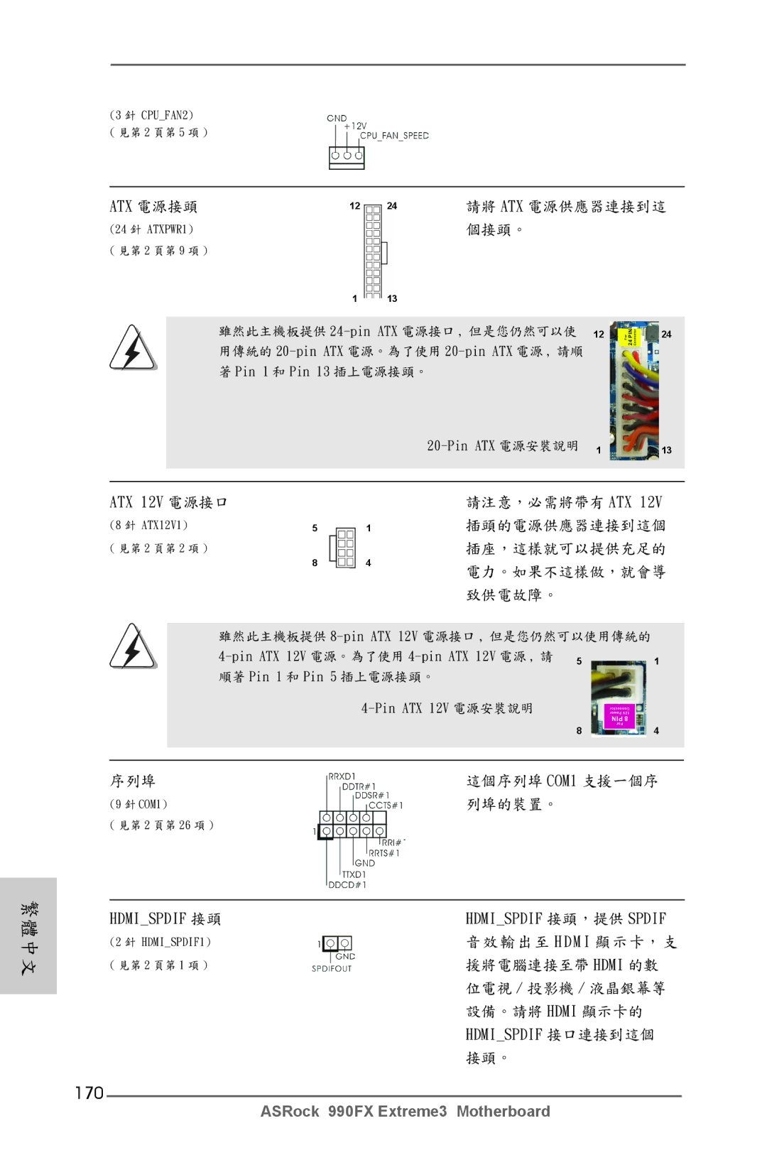 ASRock 990FX Extreme3 manual 170, ATX 12V 電源接口 