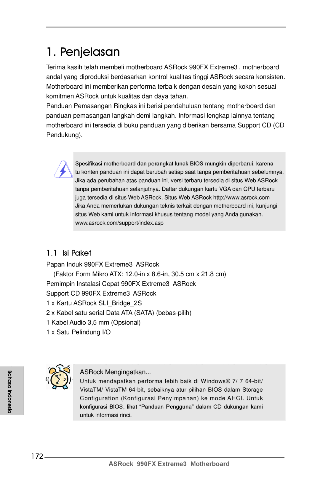 ASRock 990FX Extreme3 manual Penjelasan, Isi Paket, 172 