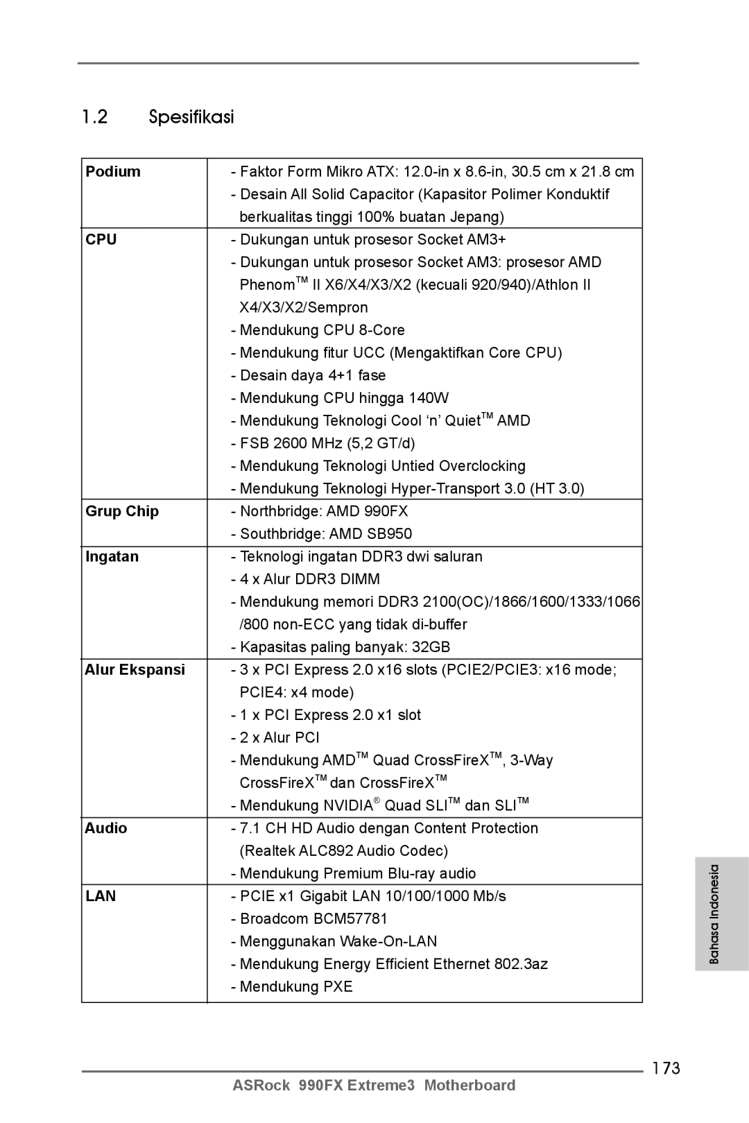 ASRock 990FX Extreme3 manual Spesifikasi, 173 