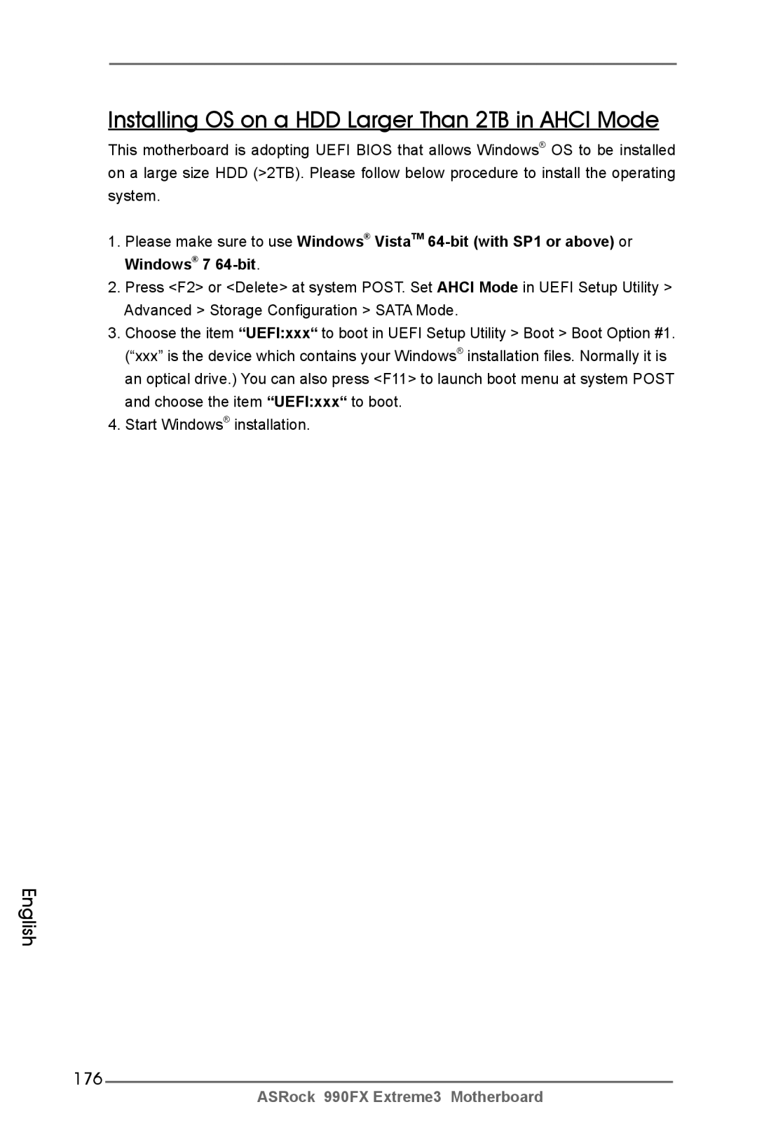 ASRock 990FX Extreme3 manual Installing OS on a HDD Larger Than 2TB in Ahci Mode, 176 