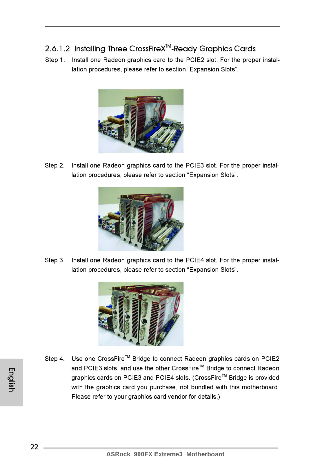 ASRock 990FX Extreme3 manual Installing Three CrossFireXTM-Ready Graphics Cards 