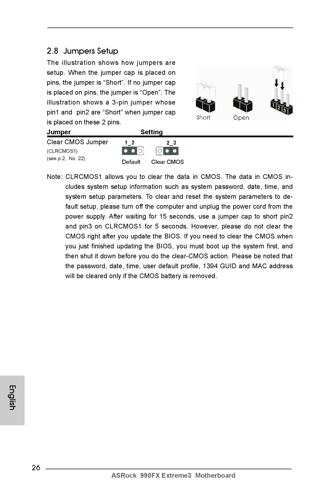 ASRock 990FX Extreme3 manual Jumpers Setup, JumperSetting Clear Cmos Jumper 