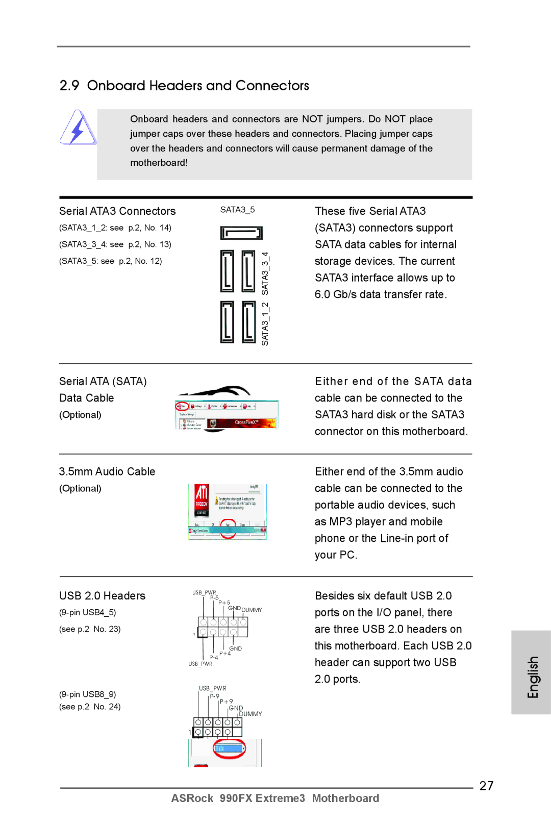 ASRock 990FX Extreme3 manual Onboard Headers and Connectors, Serial ATA3 Connectors, 5mm Audio Cable 