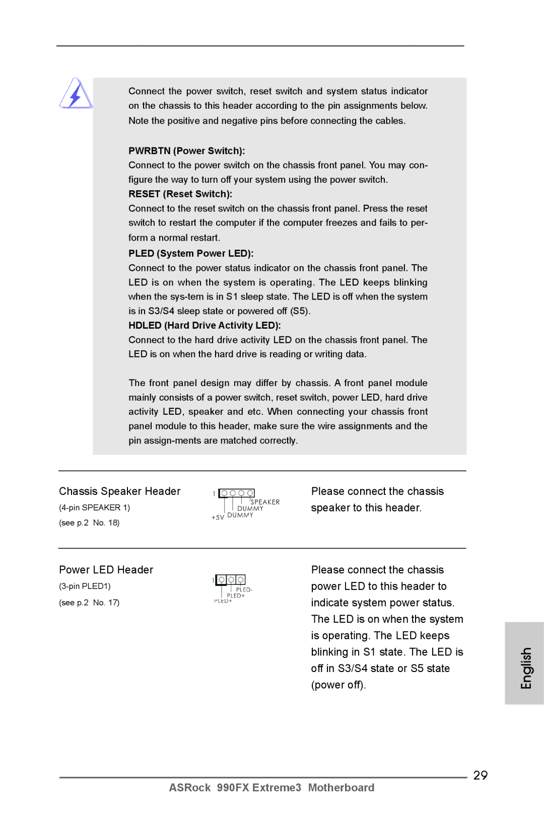 ASRock 990FX Extreme3 manual Chassis Speaker Header Please connect the chassis, Speaker to this header, Power off 