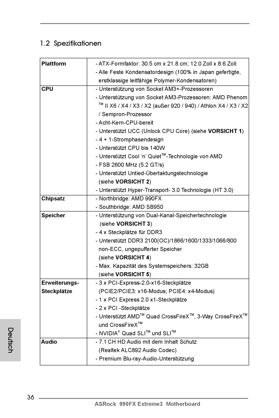 ASRock 990FX Extreme3 manual Spezifikationen Deutsch 