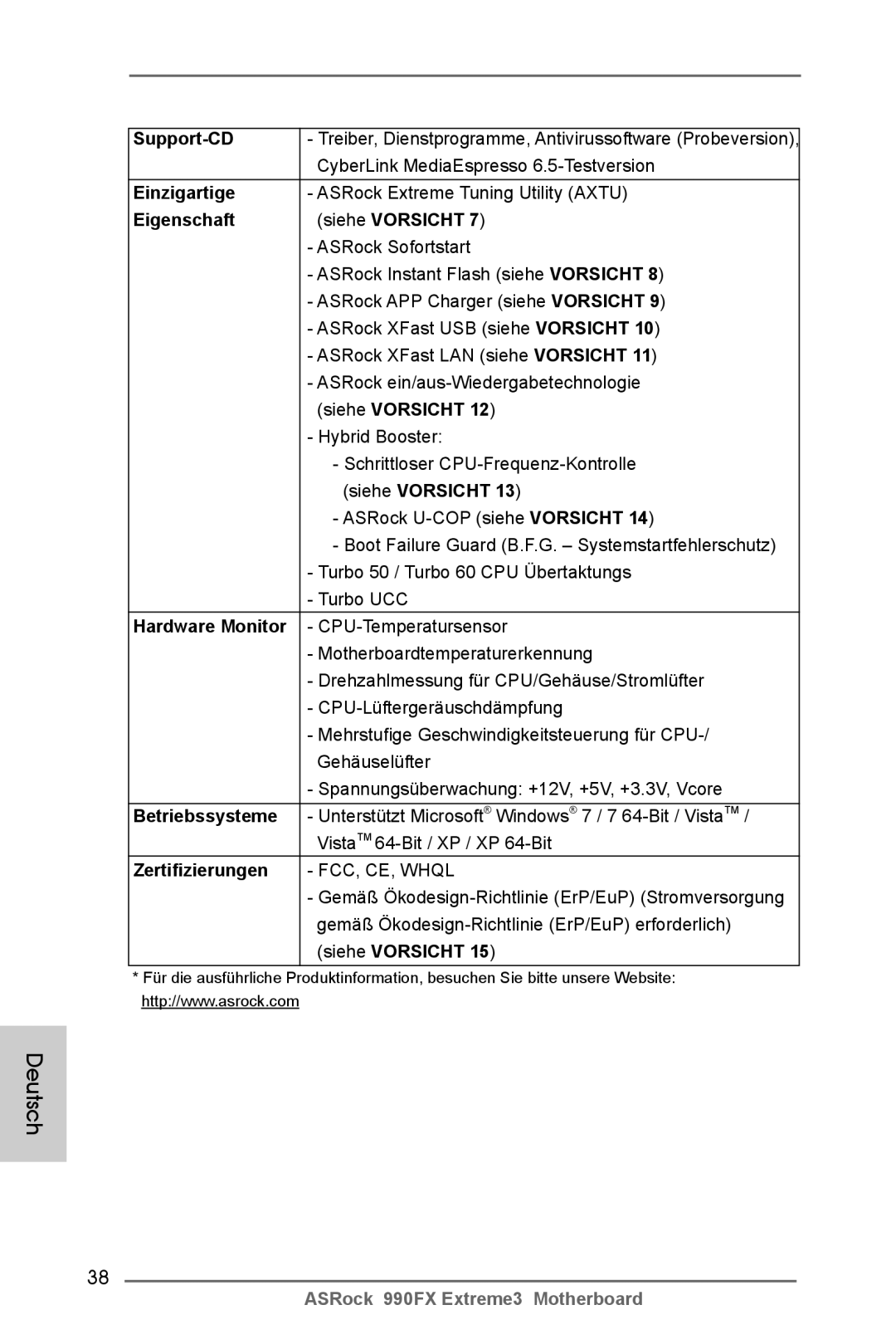 ASRock 990FX Extreme3 manual Support-CD, Einzigartige, Eigenschaft Siehe Vorsicht, Betriebssysteme, Zertifizierungen 