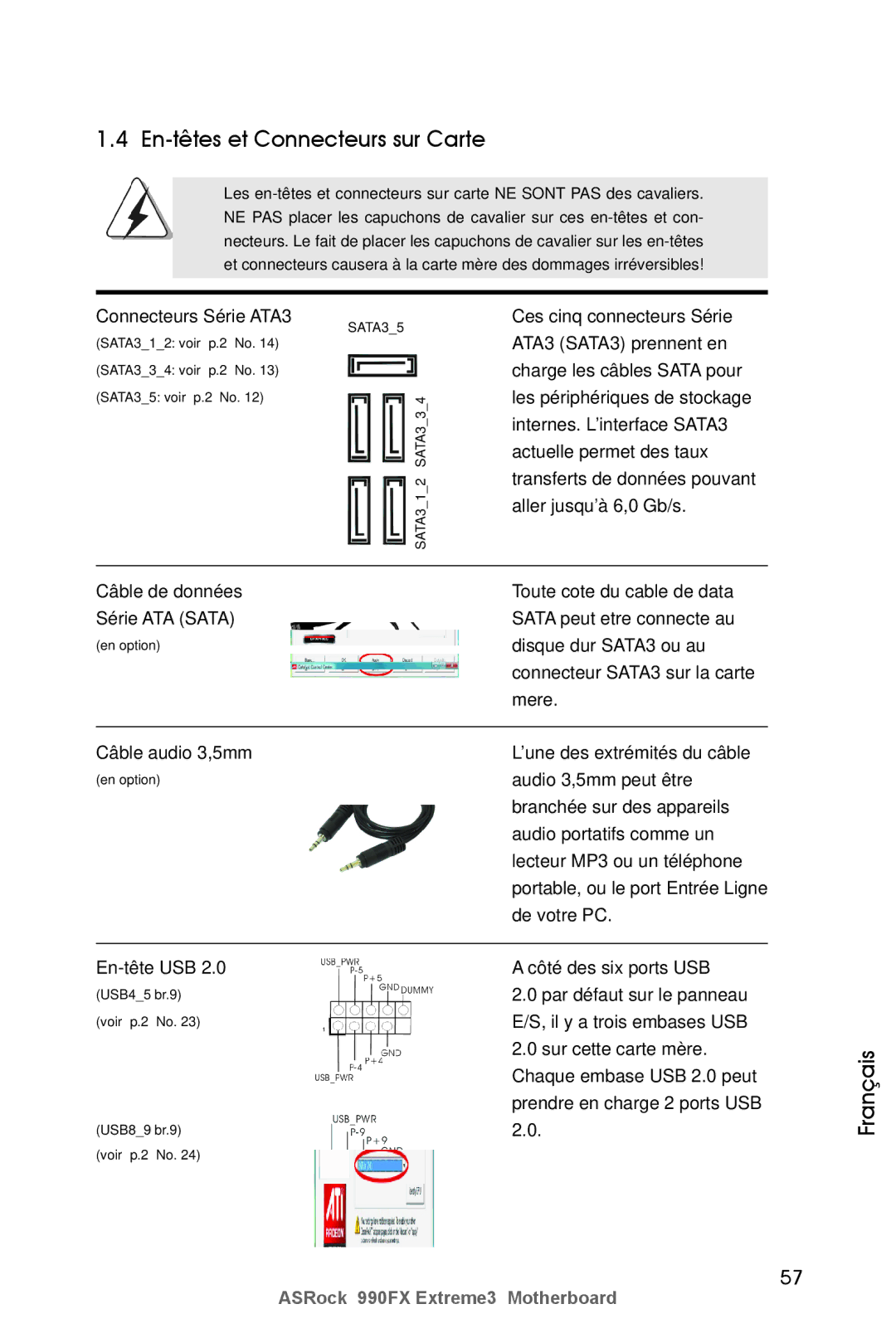 ASRock 990FX Extreme3 manual En-têtes et Connecteurs sur Carte 