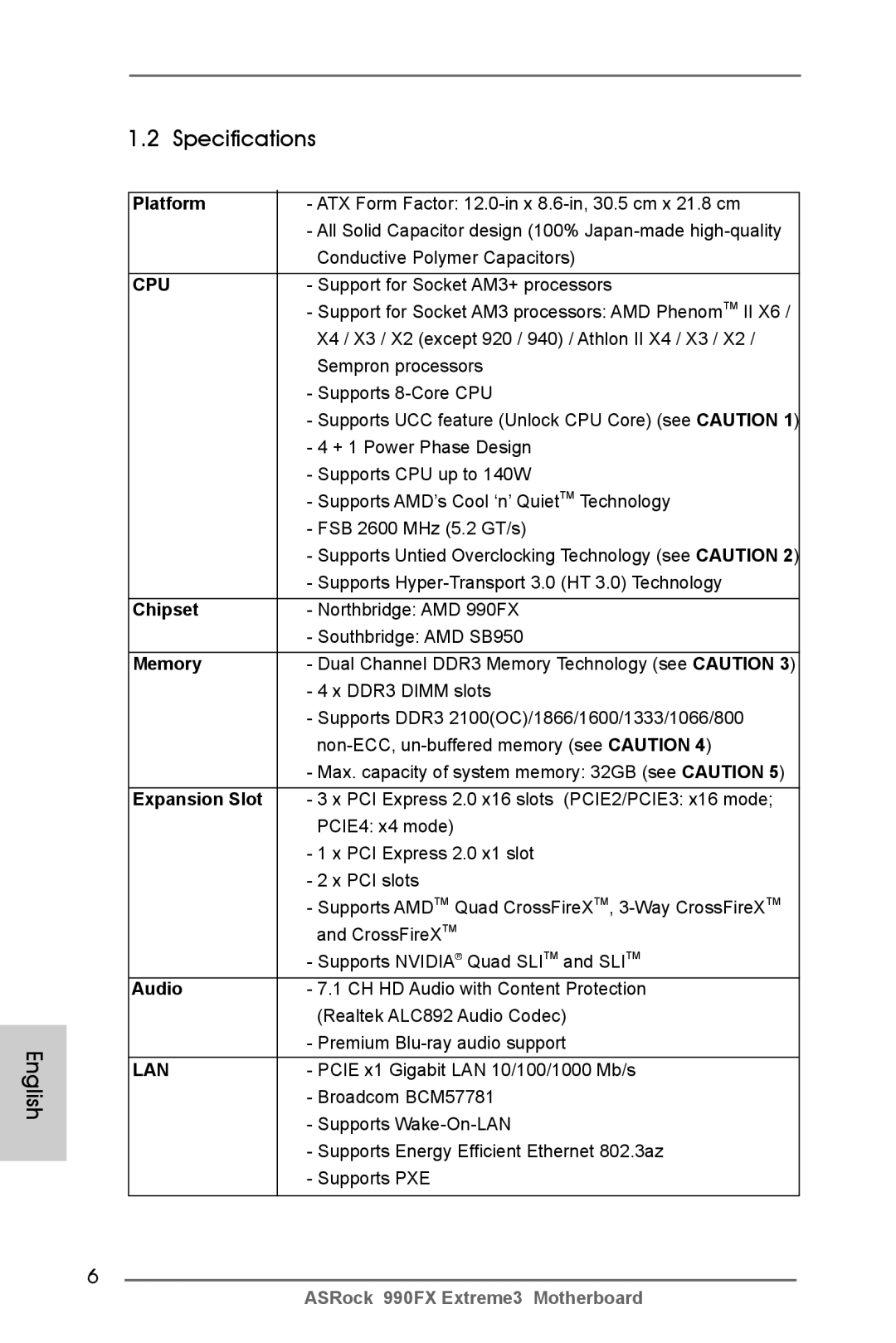 ASRock 990FX Extreme3 manual Specifications 