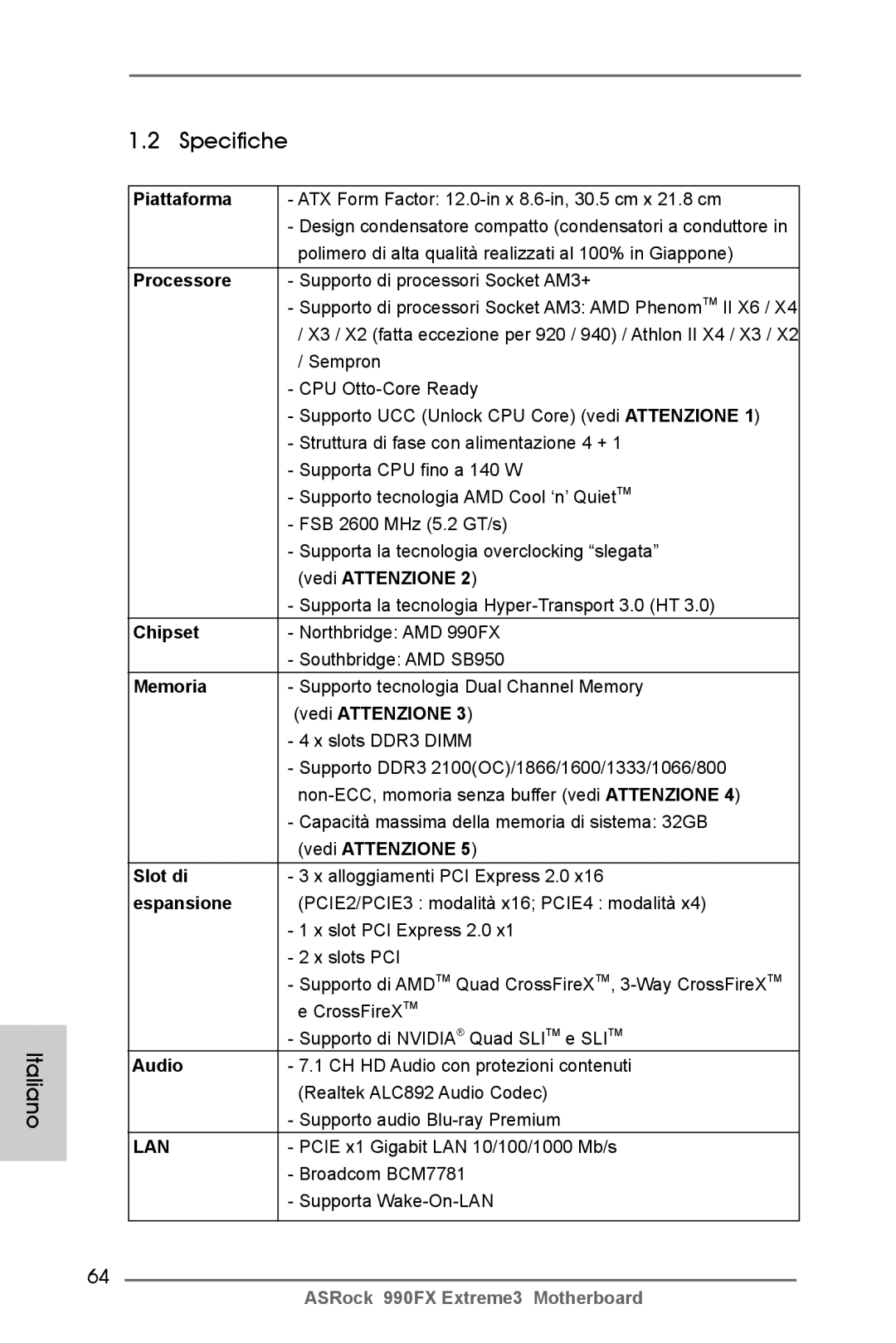 ASRock 990FX Extreme3 manual Specifiche 