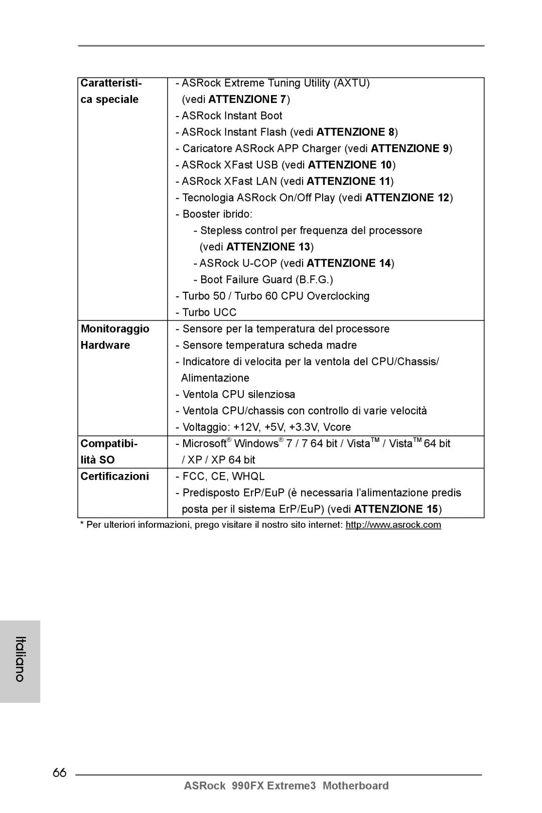 ASRock 990FX Extreme3 manual Caratteristi, Ca speciale Vedi Attenzione, Monitoraggio, Compatibi, Lità SO, Certificazioni 