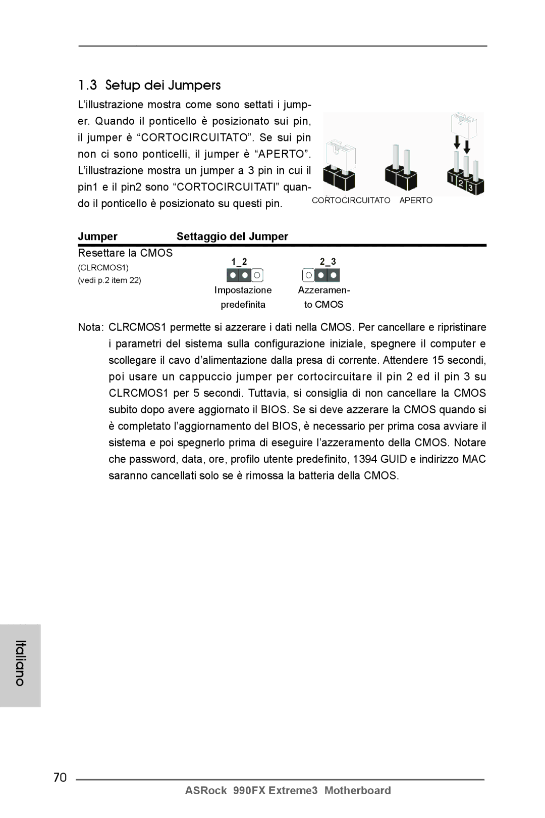 ASRock 990FX Extreme3 manual Setup dei Jumpers, Jumper Settaggio del Jumper, Resettare la Cmos 