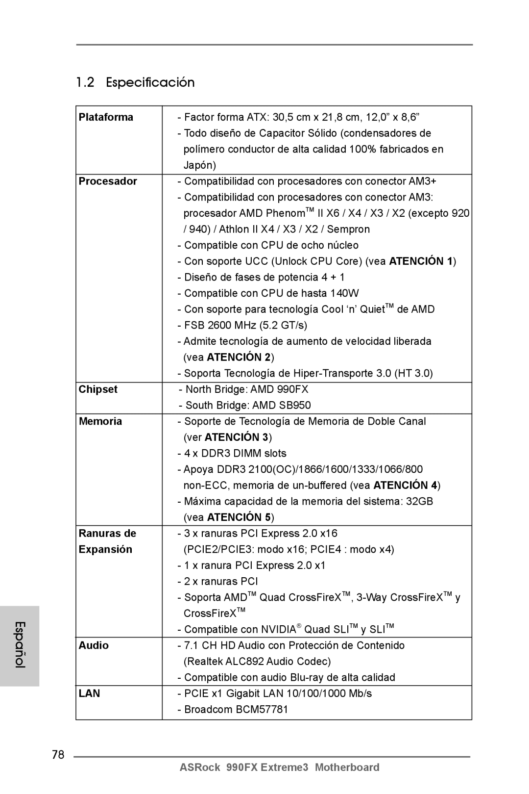 ASRock 990FX Extreme3 manual Especificación 