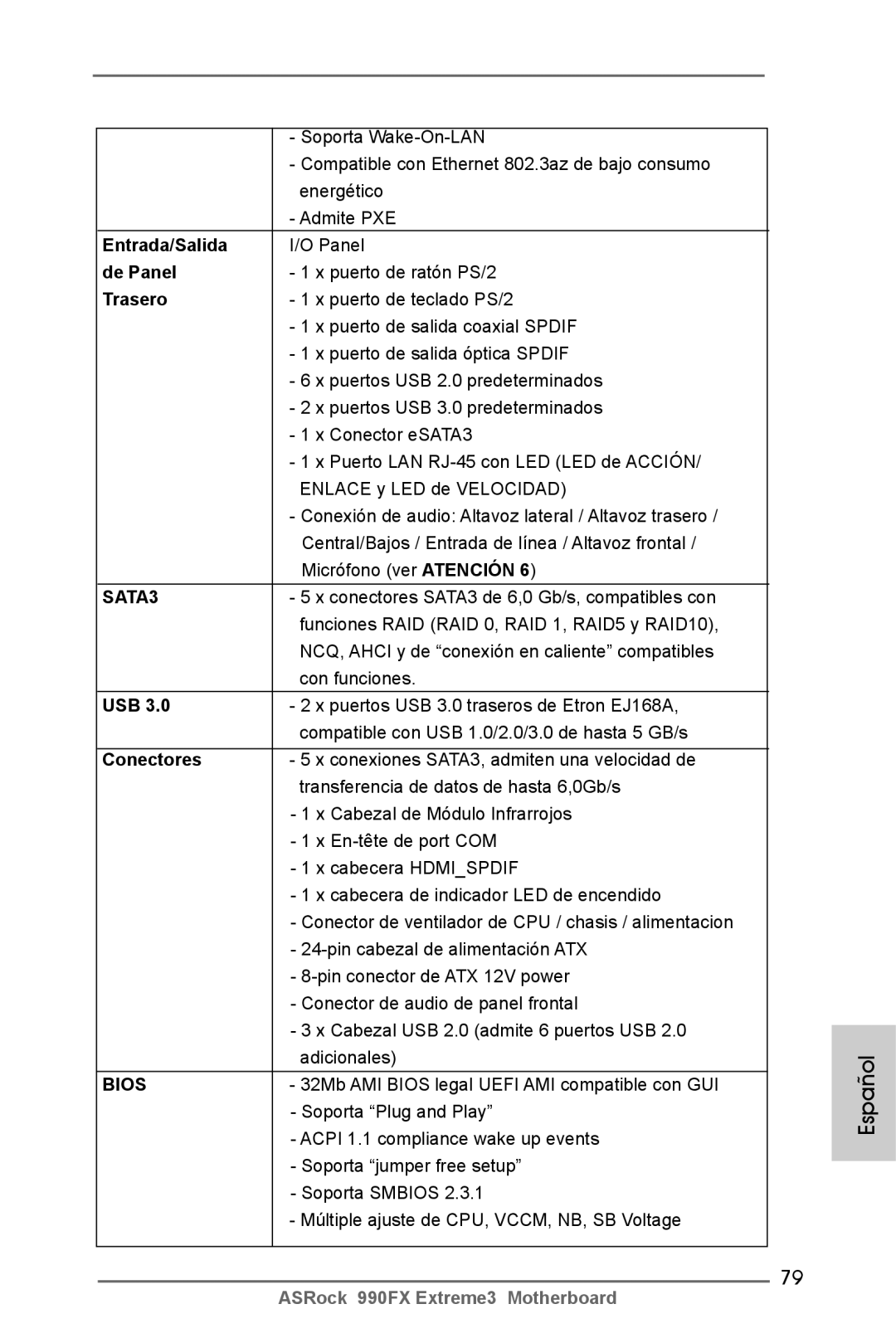 ASRock 990FX Extreme3 manual Entrada/Salida, De Panel, Trasero, Conectores 