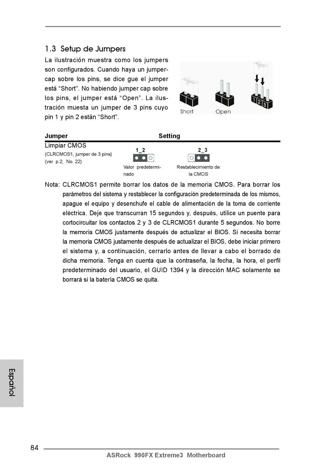 ASRock 990FX Extreme3 manual Setup de Jumpers, Jumper Setting, Limpiar Cmos 