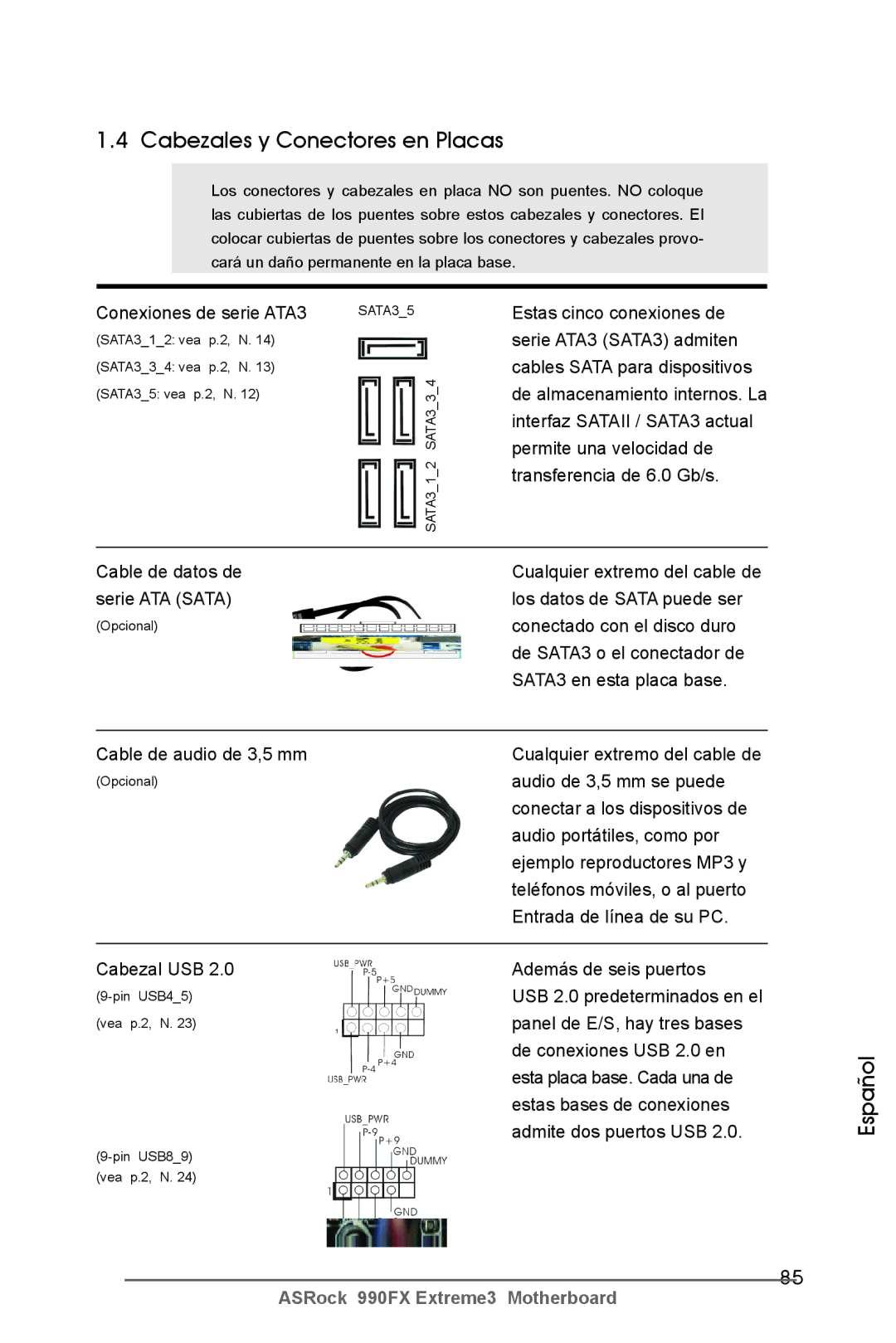 ASRock 990FX Extreme3 manual Cabezales y Conectores en Placas 