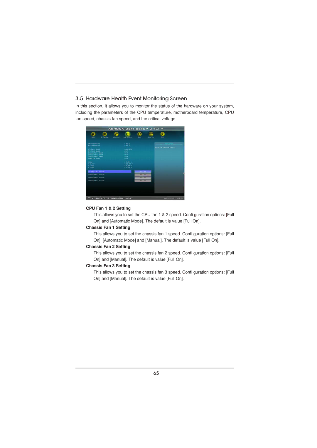 ASRock 990FX Extreme4 manual Hardware Health Event Monitoring Screen, CPU Fan 1 & 2 Setting, Chassis Fan 1 Setting 