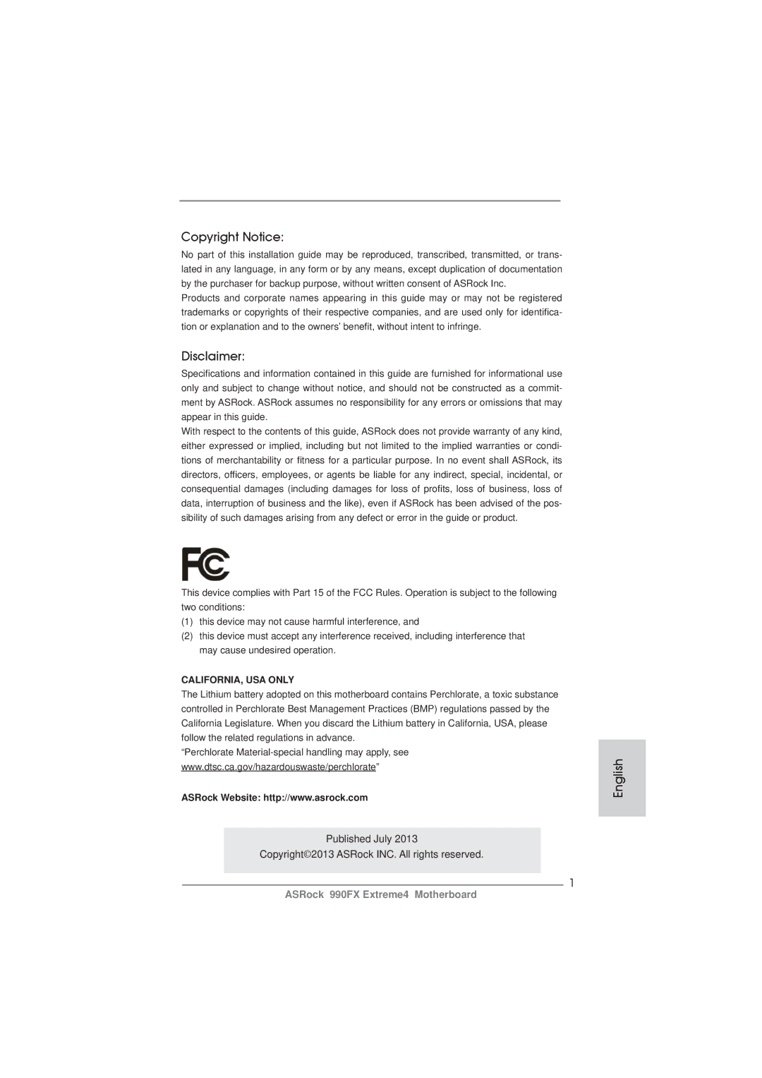 ASRock 990FX Extreme4 manual Copyright Notice, Disclaimer, English 