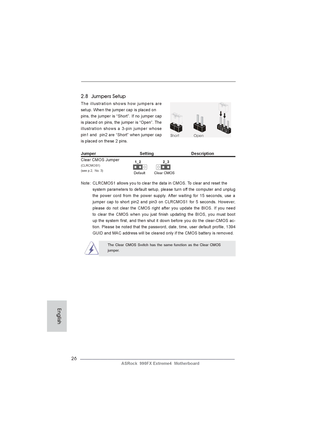 ASRock 990FX Extreme4 manual Jumpers Setup, Description, Clear Cmos Jumper 