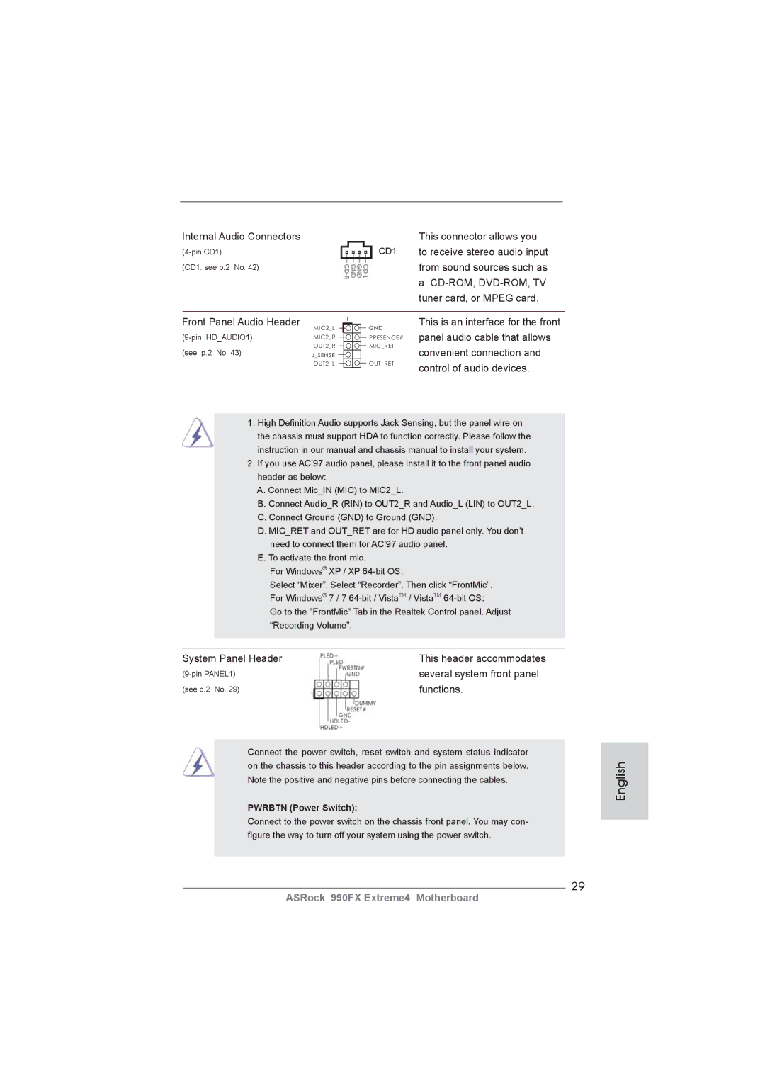 ASRock 990FX Extreme4 manual Internal Audio Connectors This connector allows you, To receive stereo audio input, Functions 