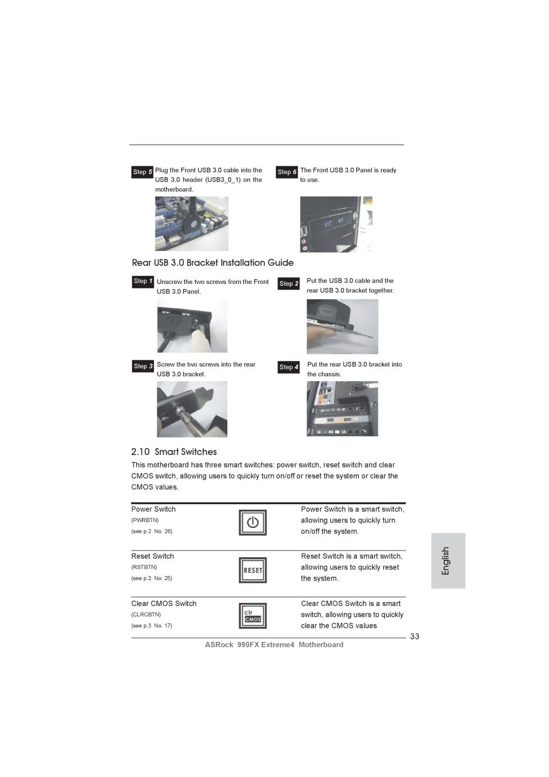 ASRock 990FX Extreme4 manual Rear USB 3.0 Bracket Installation Guide, Smart Switches 