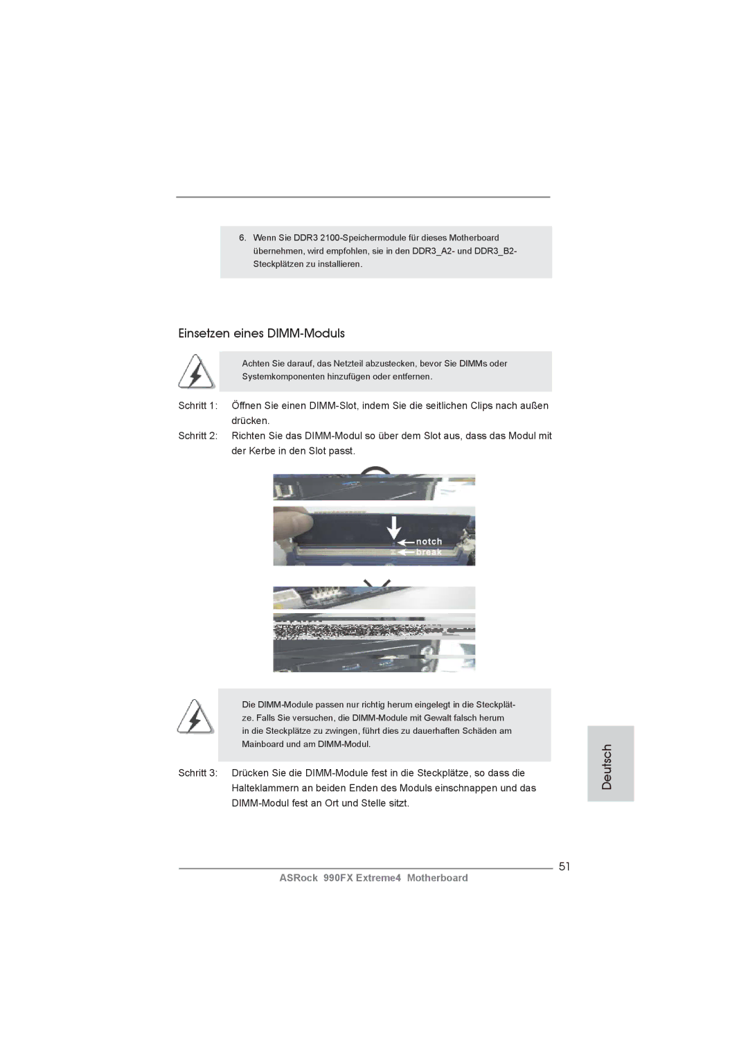 ASRock 990FX Extreme4 manual Einsetzen eines DIMM-Moduls 